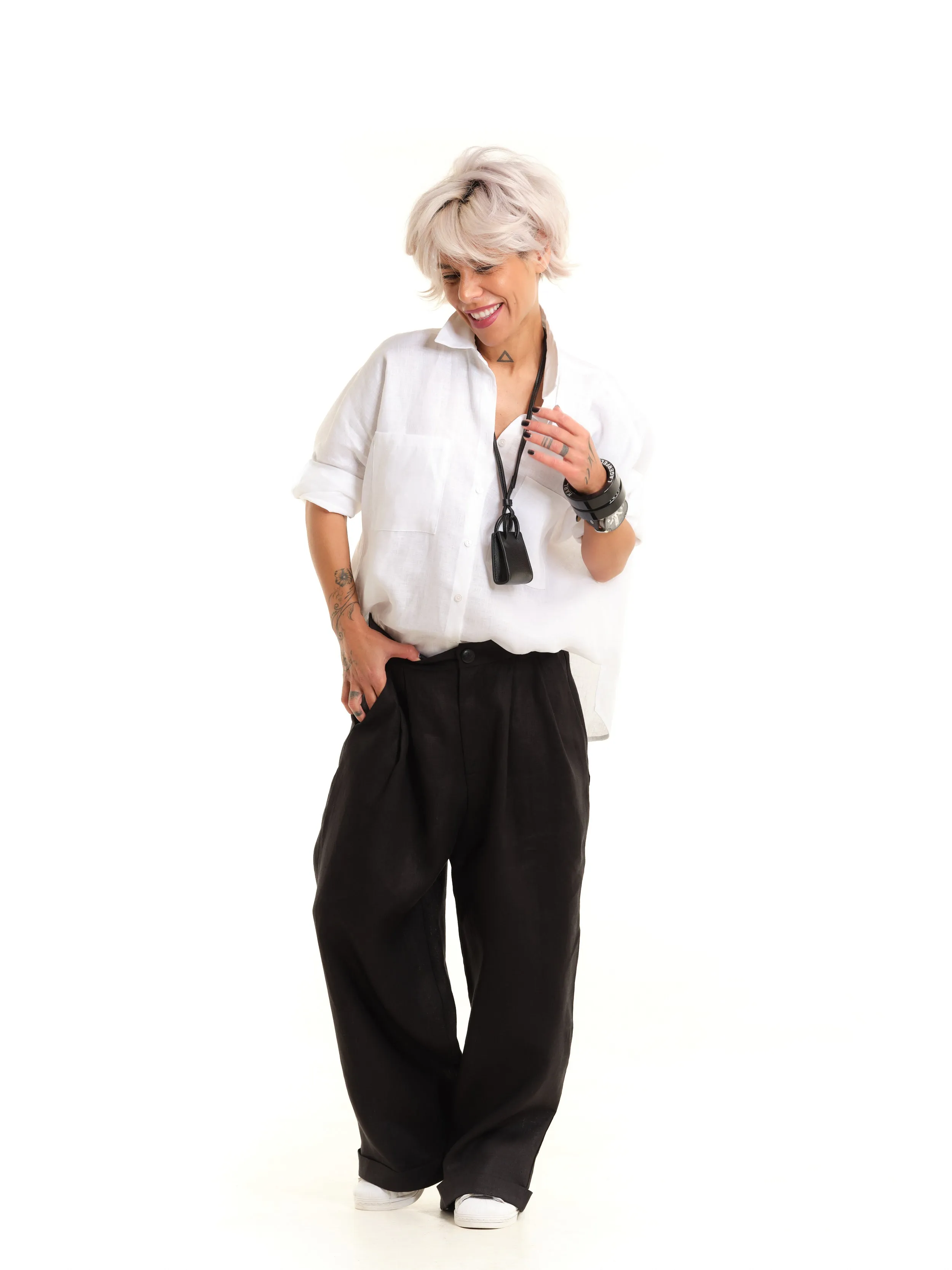 Black Linen Wide-Leg Pants