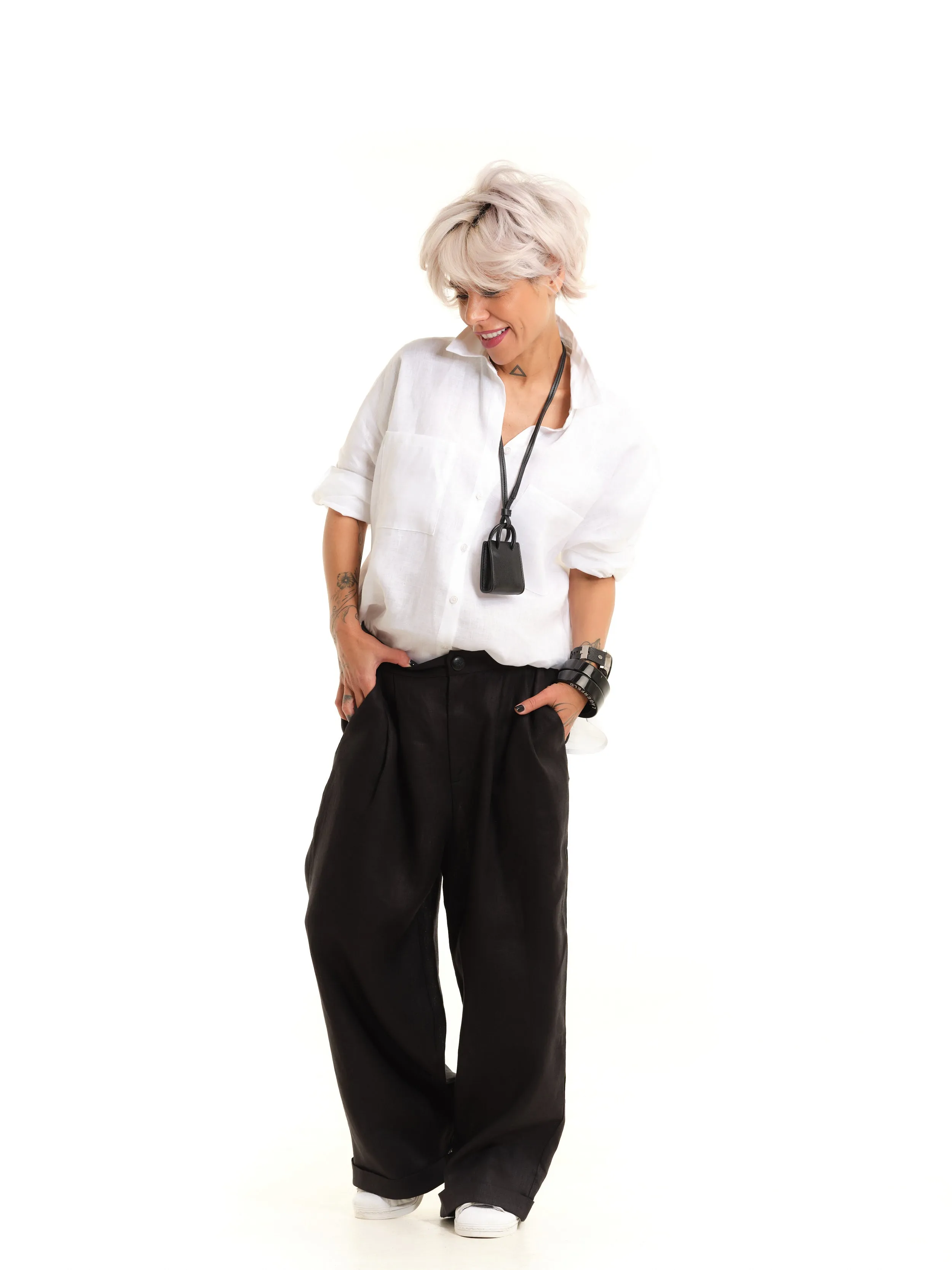 Black Linen Wide-Leg Pants