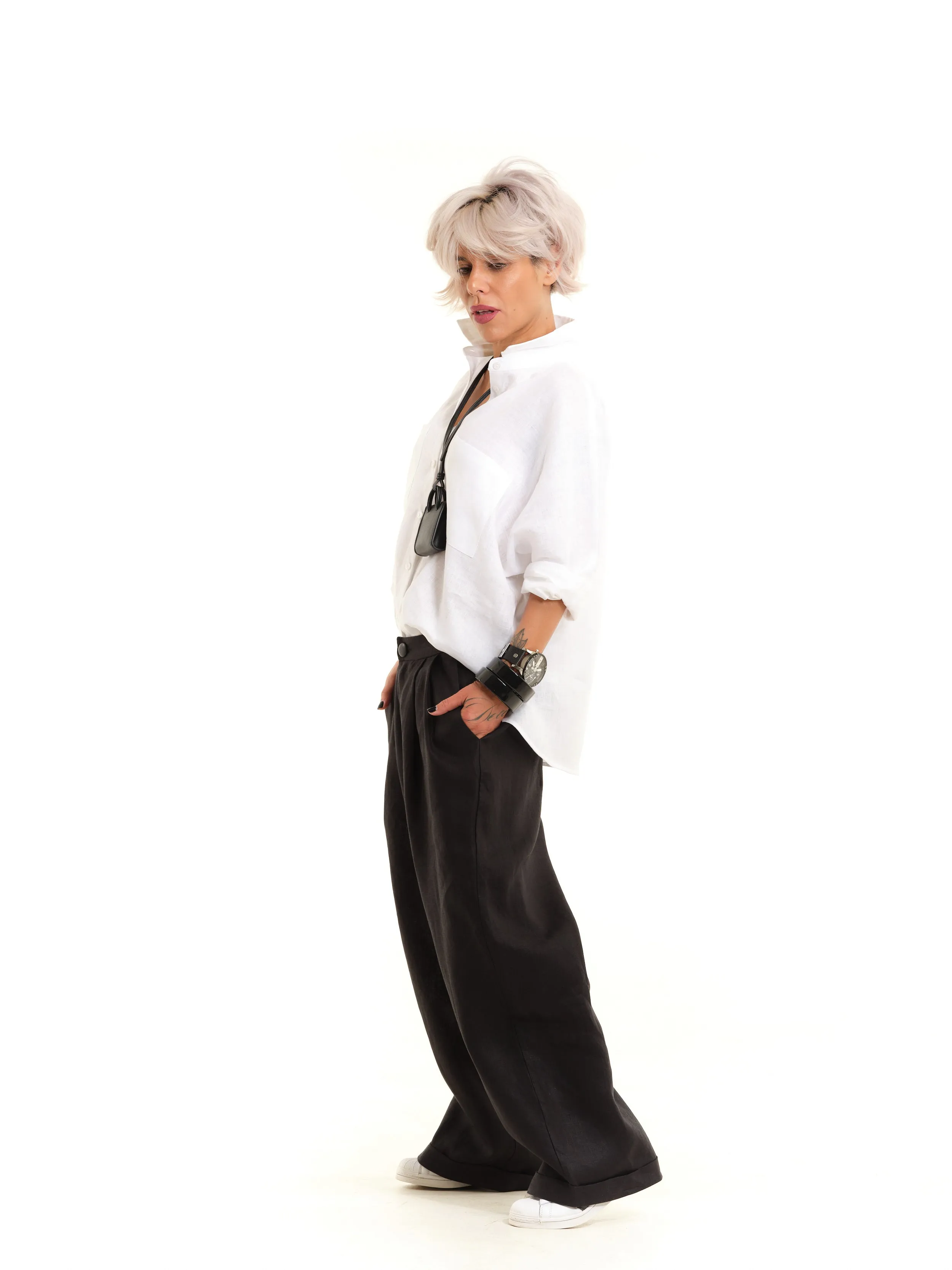 Black Linen Wide-Leg Pants
