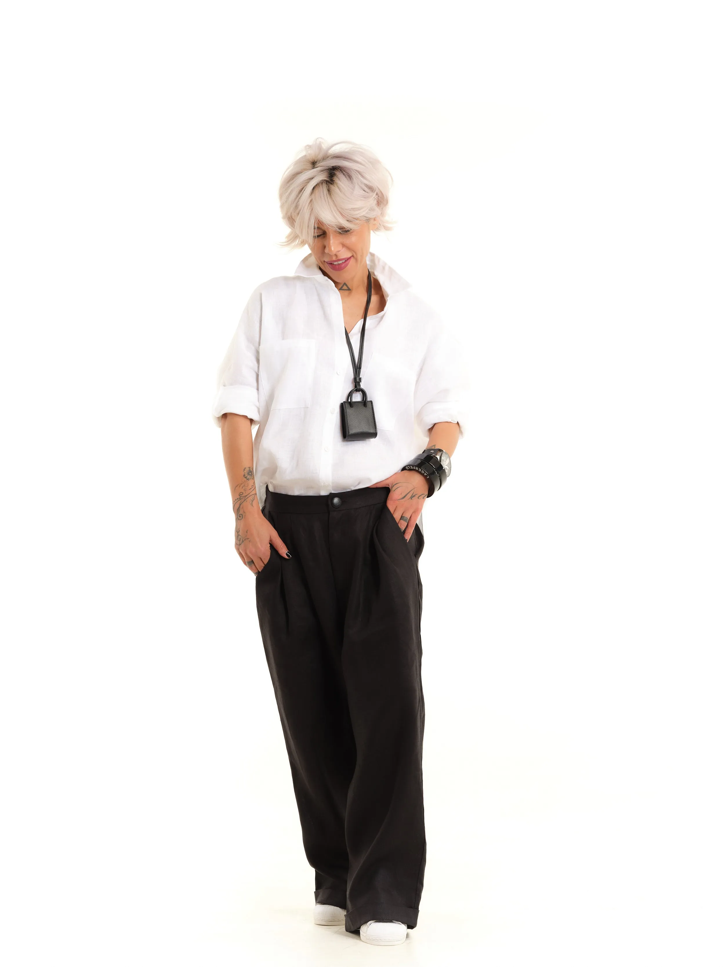 Black Linen Wide-Leg Pants