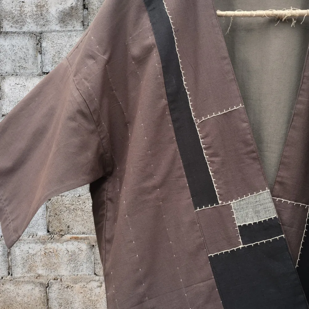 Brownish Grey Kimono Jacket | Oversize Style | Hand-Crafted | Kantha Embroidery