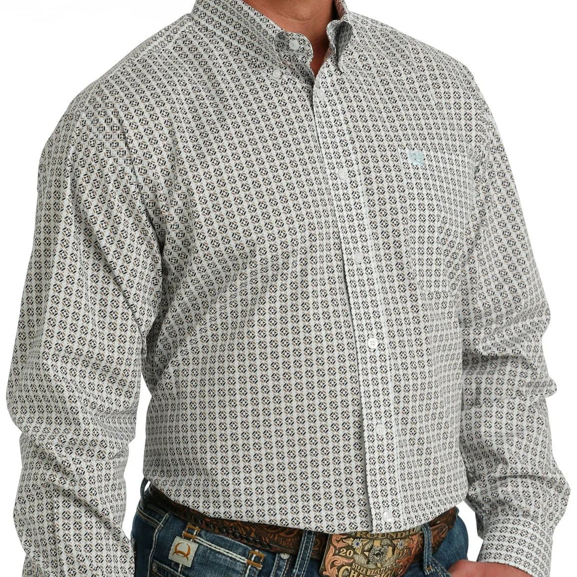 Cinch Men's L/S Classic Fit Geometric Circles Western Button Down Shirt in White
