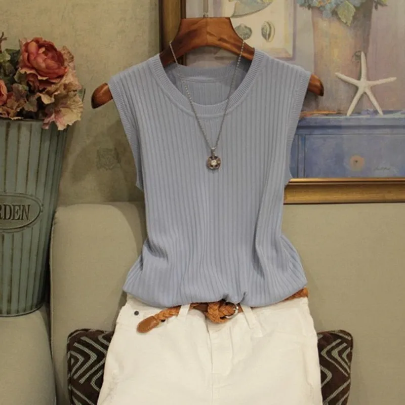 Fashion Woman Blouse 2023 Summer Sleeveless Blouse Women O-neck Knitted Blouse