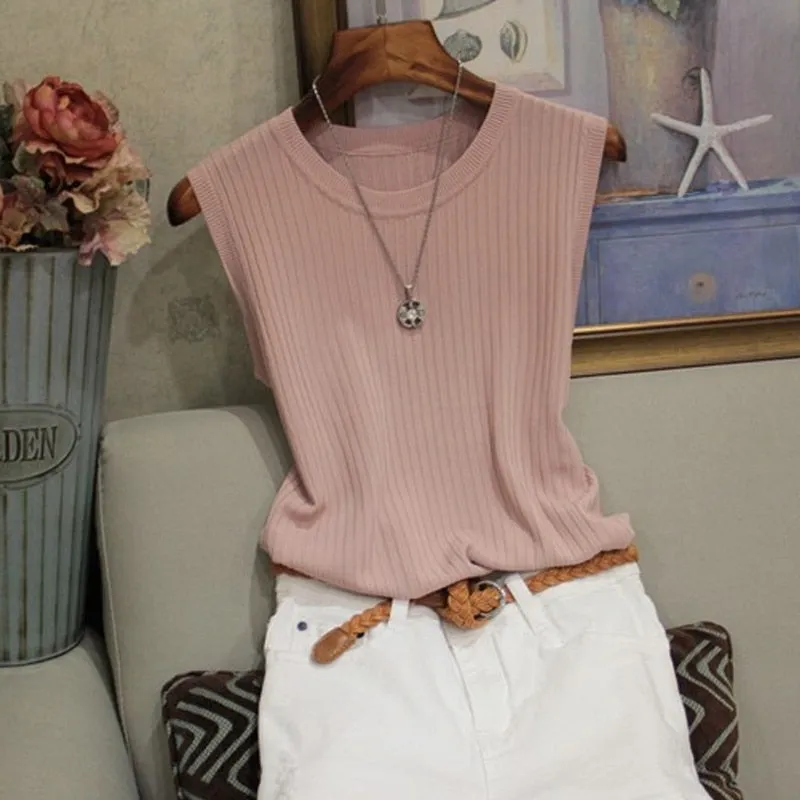 Fashion Woman Blouse 2023 Summer Sleeveless Blouse Women O-neck Knitted Blouse