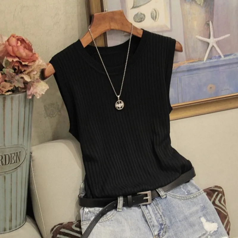 Fashion Woman Blouse 2023 Summer Sleeveless Blouse Women O-neck Knitted Blouse