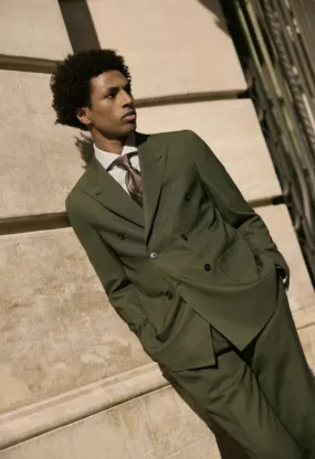 Italian Olive Double Breasted / Two Piece Suit/ Weft Stretch / Wrinkle Resistant