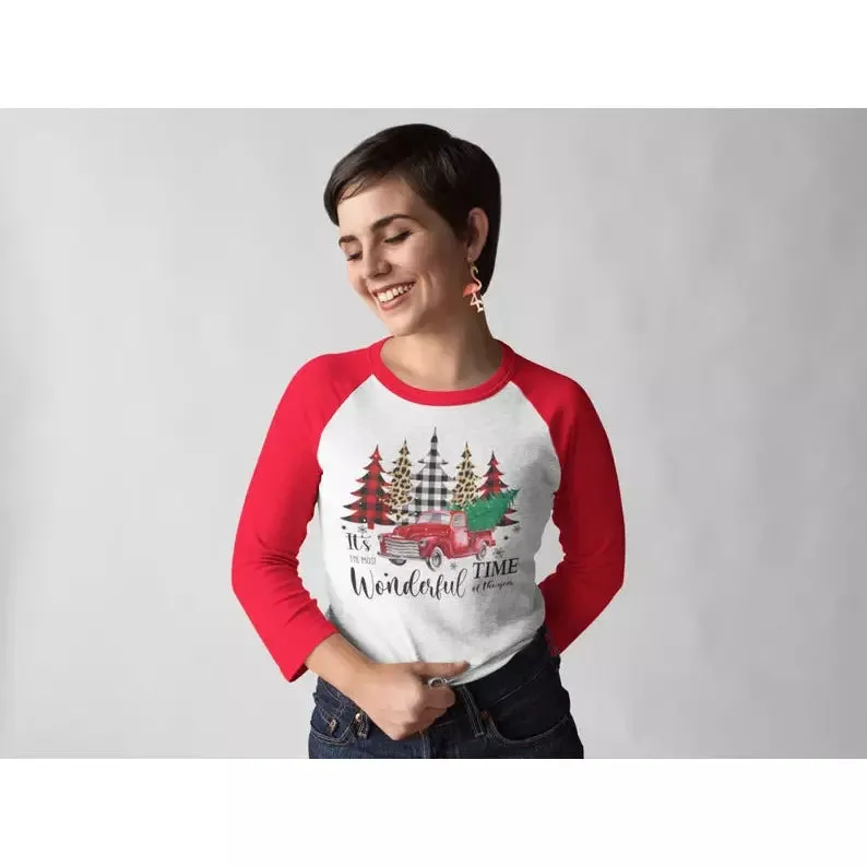 It's The Most Wonderful Time of The Year Flannel Red Truck Christmas Raglan Shirt