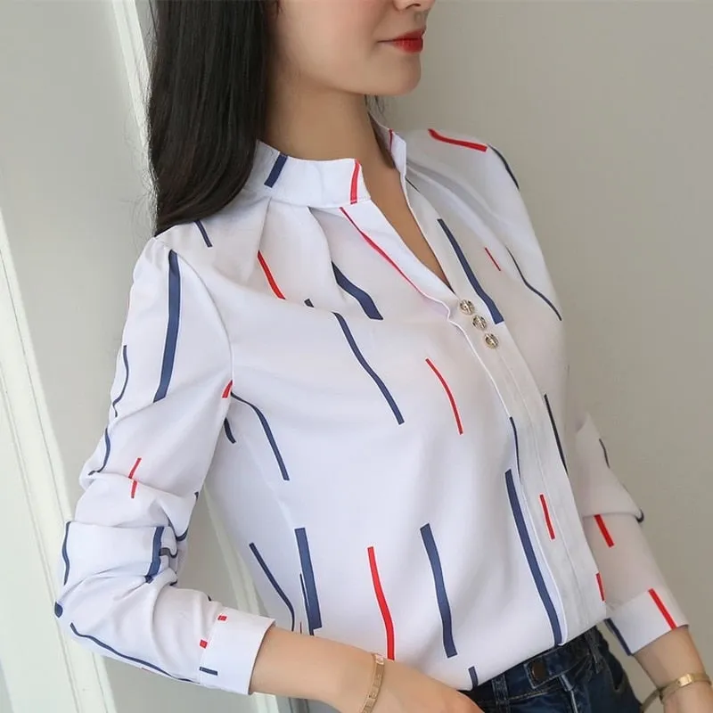 JFUNCY Women White Tops Women's Blouses Fashion Stripe Print Casual Long Sleeve Office Lady Work Shirts