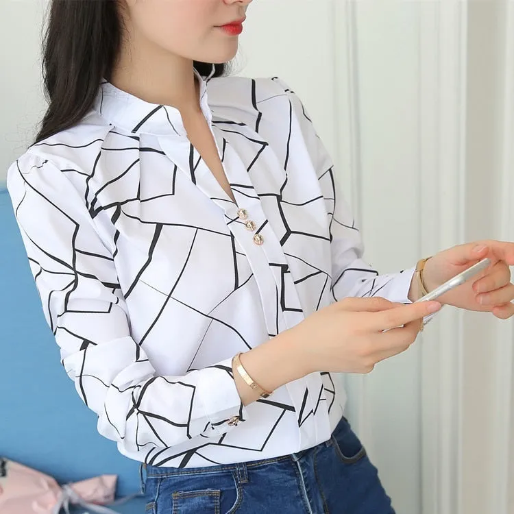 JFUNCY Women White Tops Women's Blouses Fashion Stripe Print Casual Long Sleeve Office Lady Work Shirts