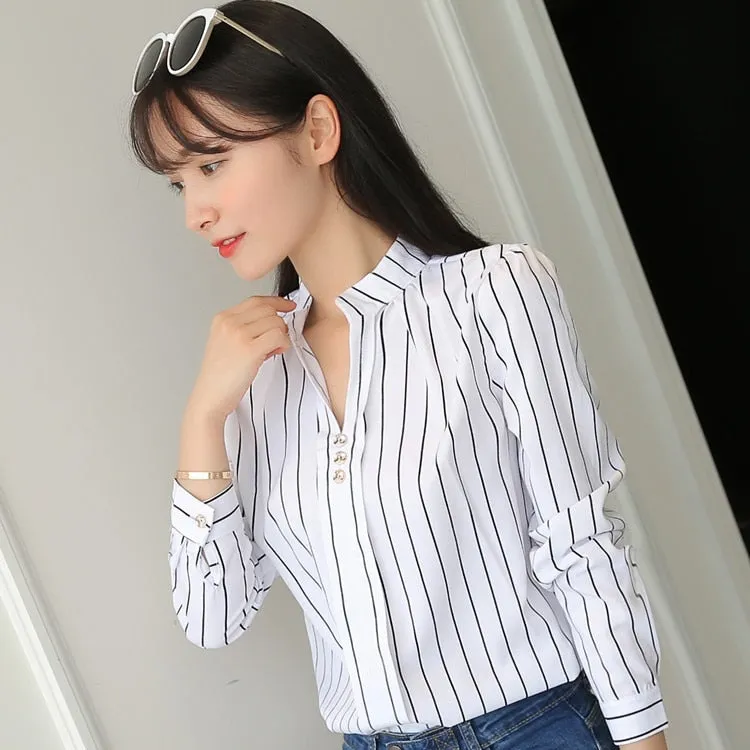 JFUNCY Women White Tops Women's Blouses Fashion Stripe Print Casual Long Sleeve Office Lady Work Shirts