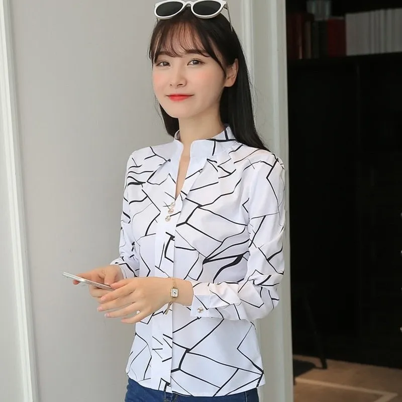 JFUNCY Women White Tops Women's Blouses Fashion Stripe Print Casual Long Sleeve Office Lady Work Shirts