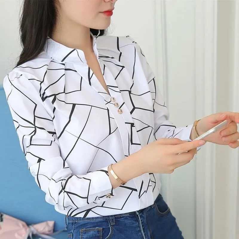 JFUNCY Women White Tops Women's Blouses Fashion Stripe Print Casual Long Sleeve Office Lady Work Shirts
