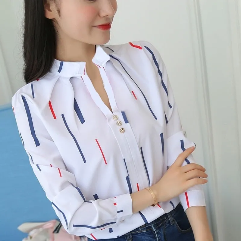 JFUNCY Women White Tops Women's Blouses Fashion Stripe Print Casual Long Sleeve Office Lady Work Shirts