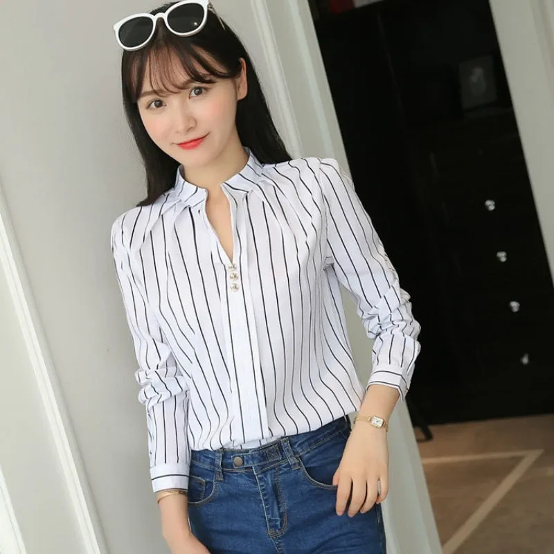 JFUNCY Women White Tops Women's Blouses Fashion Stripe Print Casual Long Sleeve Office Lady Work Shirts