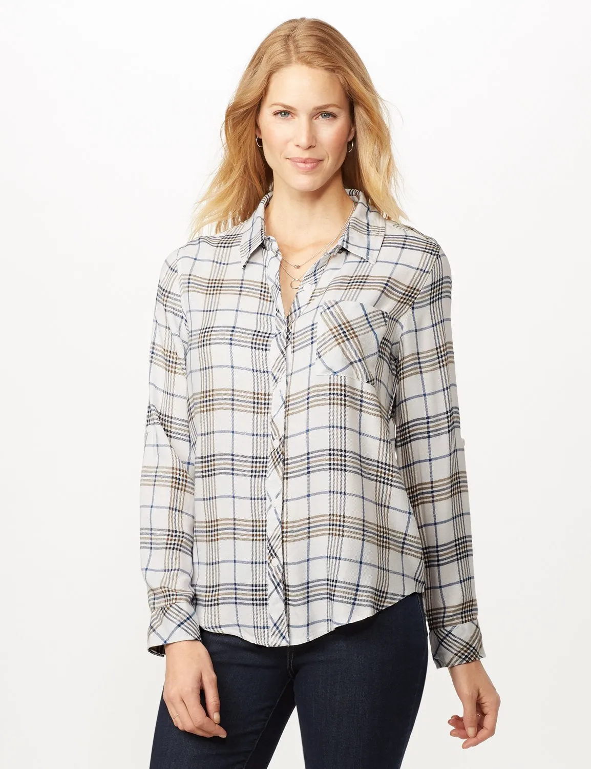 Long Sleeve Plaid Woven Top with Roll Tabs