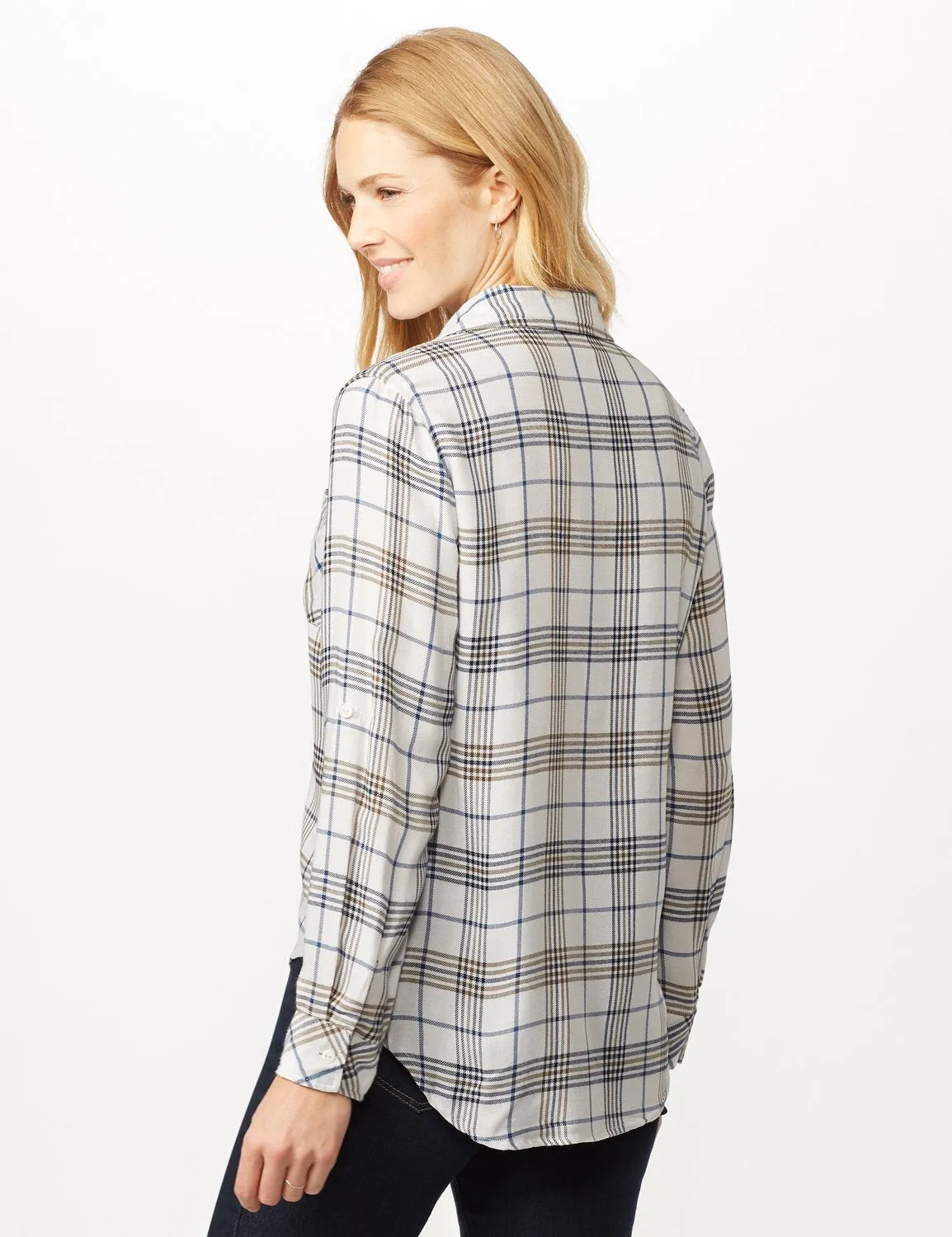 Long Sleeve Plaid Woven Top with Roll Tabs