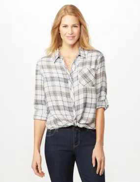 Long Sleeve Plaid Woven Top with Roll Tabs