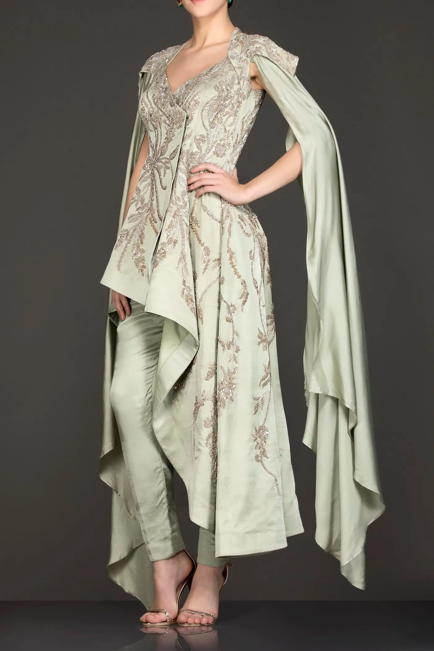 Mint Green Colour Satin Georgette Asymmetric Peplum Top With Shoulder Drape With Pants