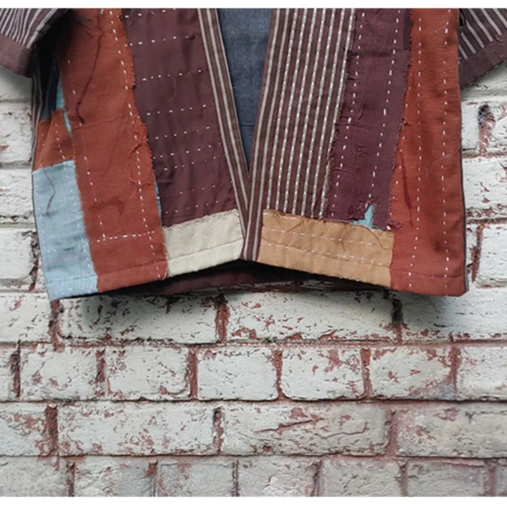 Rust Kantha Kimono Jacket | Patch Style | Hand-Crafted | Kantha Embroidery