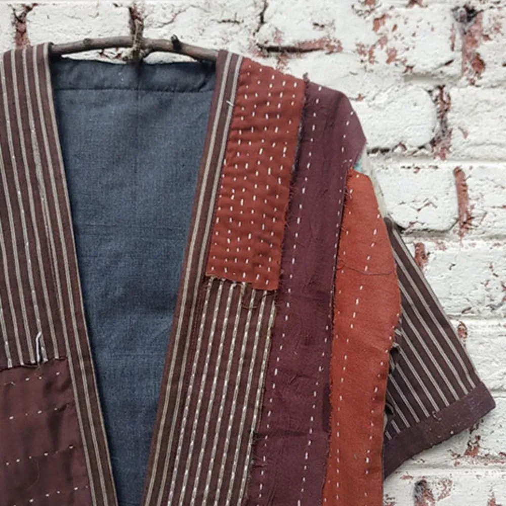 Rust Kantha Kimono Jacket | Patch Style | Hand-Crafted | Kantha Embroidery