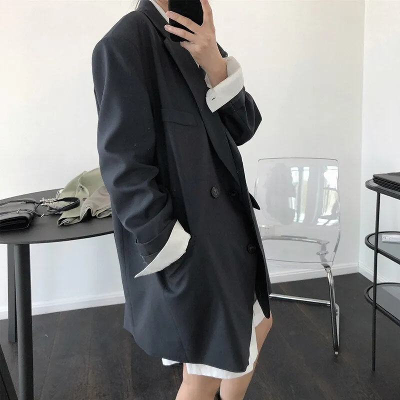 Wjczt Spring and autumn women's casual solid color double-breasted pocket decoration loose jacket