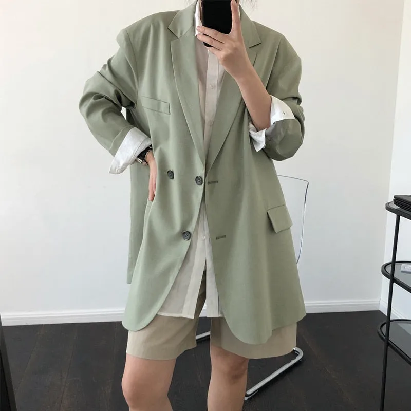 Wjczt Spring and autumn women's casual solid color double-breasted pocket decoration loose jacket