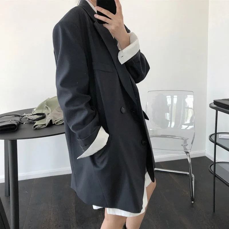 Wjczt Spring and autumn women's casual solid color double-breasted pocket decoration loose jacket